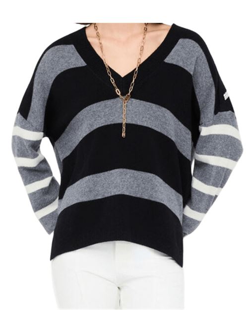 Maglia da donna in pura lana, bottone gioiello, righe nei toni di nero/grigio/ avorio LIU JO | MF5128-MS009C3819